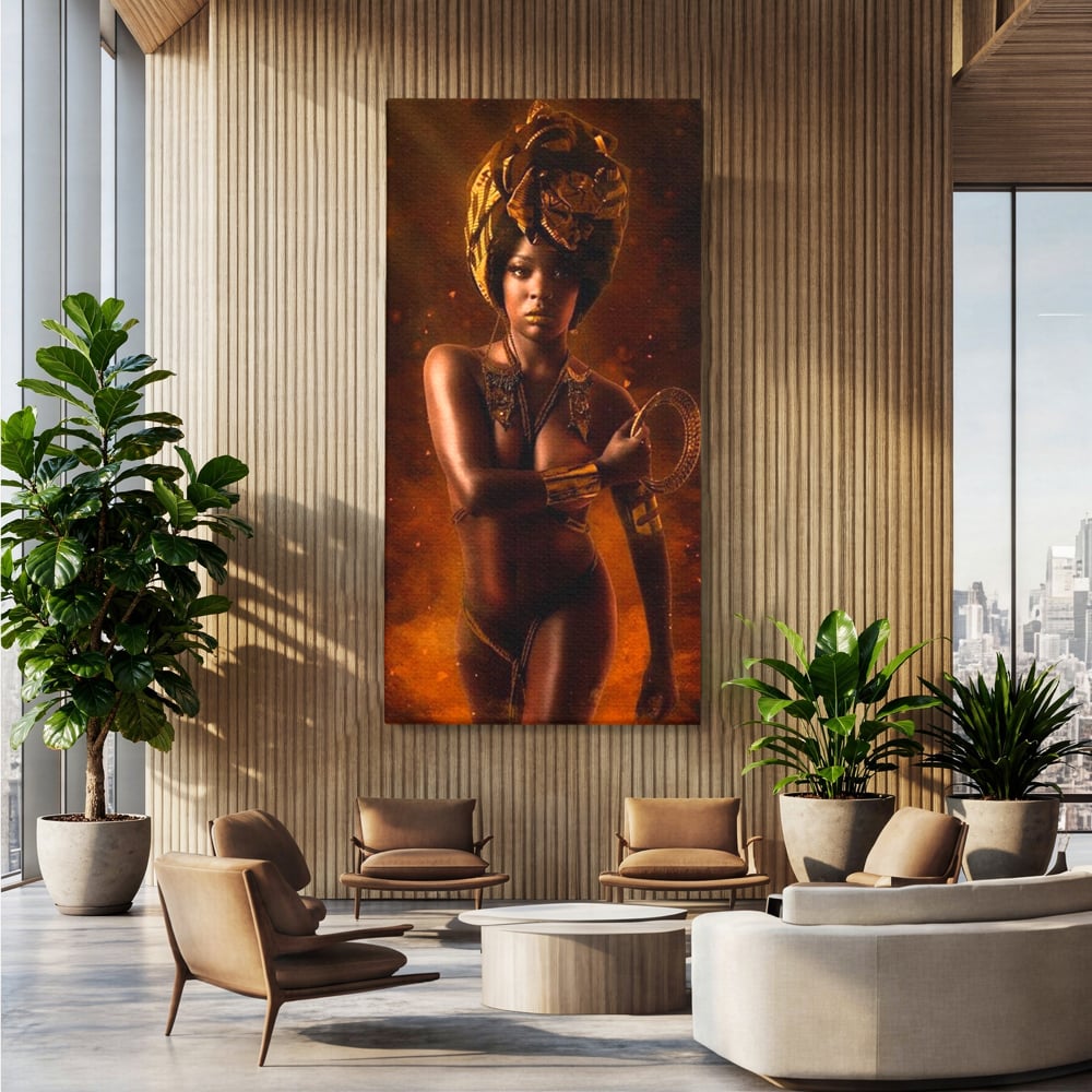 Tablou canvas cu tablou canvas cu femeie si turban, fara rama, pe sasiu de lemn, pe perete intr-un birou